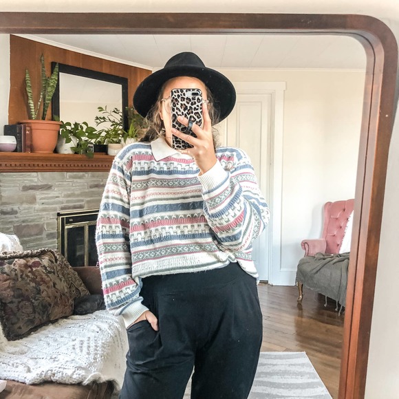 VINTAGE ALFRED DUNNER | Women's 2X Blue Pink Nordic Cottagecore Collared Sweater - Picture 1 of 7